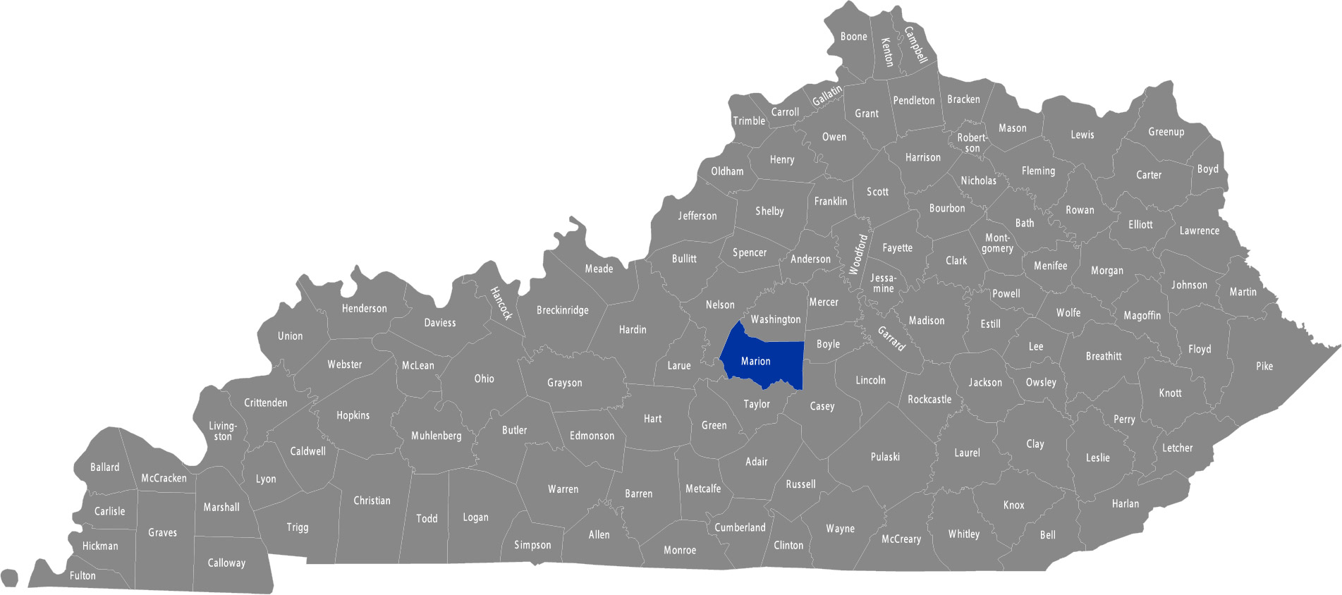 State of Kentucky map with Marion County highlighted