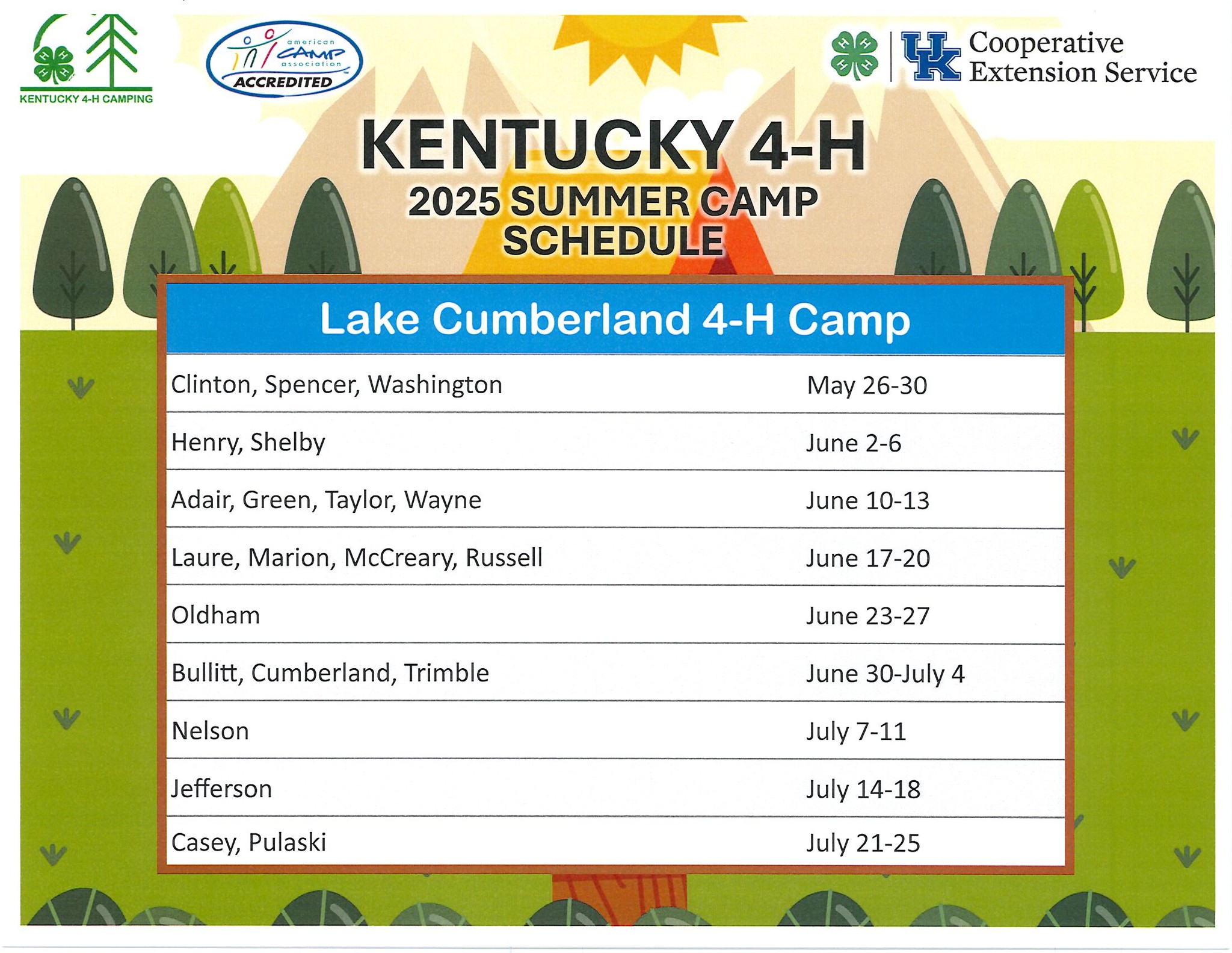 KY 4-H Camp Schedule